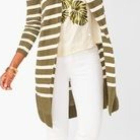 Talbots Women's Small Cardigan Olive/ White Stripe L/S Open Knit Linen NWOT - Picture 4 of 13